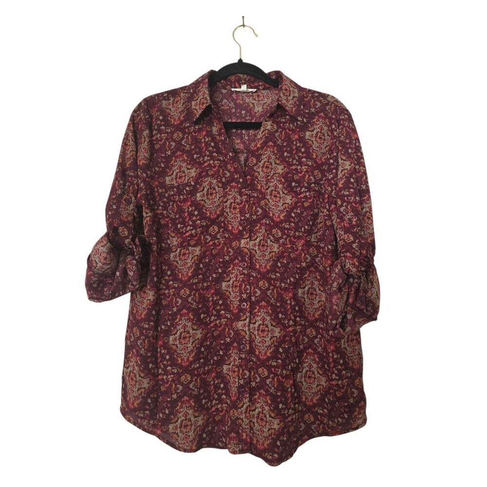 MAURICES Winona Medalion Burgundy Print Blouse Top 3/4 Sleeves Size S
